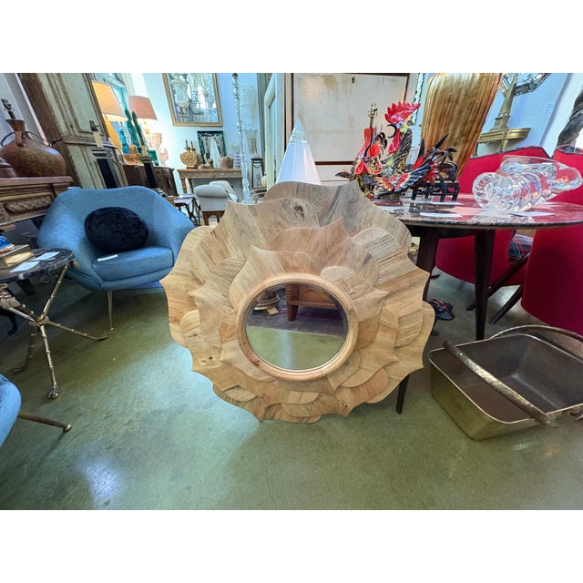 Tan Vintage Carved Wood Lotus Blossom Beveled Mirror For Sale - Image 8 of 11