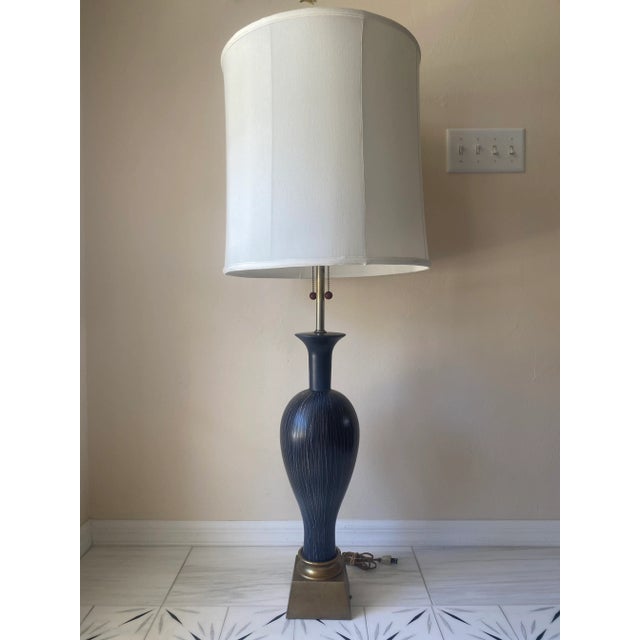 Midcentury Art Deco Large Marbro Lamp Company Navy Blue and White Stripe Ceramic Table Lamp With Brass Base For Sale - Image 11 of 11