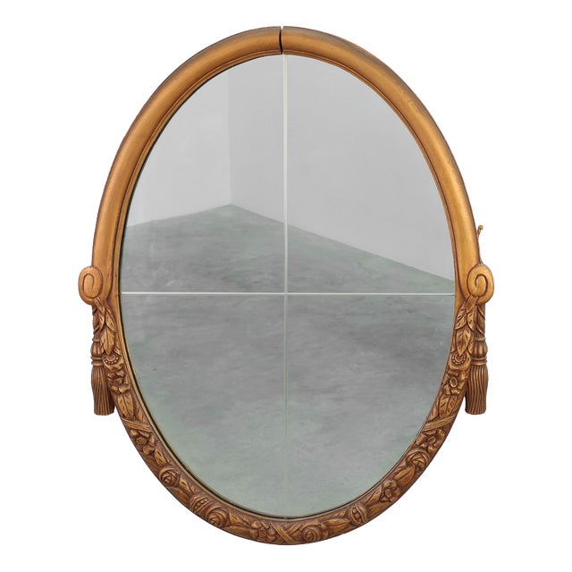 French Art Deco Oval Mirror in Gilded Oak, 1920s For Sale