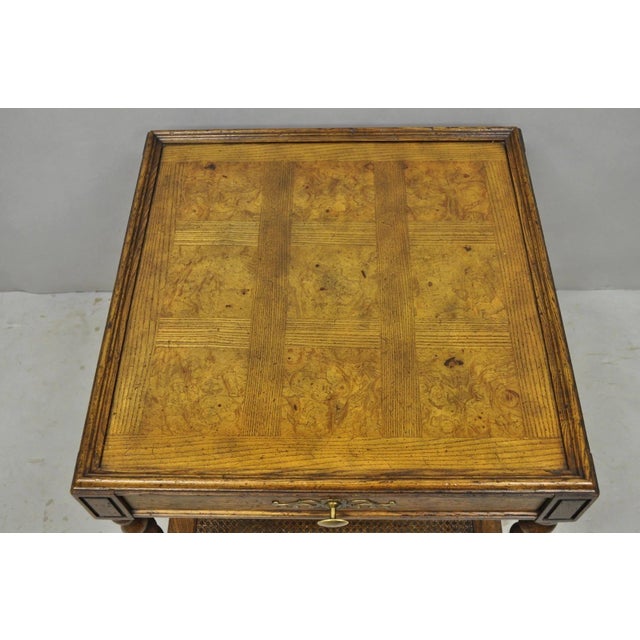 Renaissance Vintage Baker Barley Twist Oak & Burlwood Parquetry Inlay Square Lamp Side Table For Sale - Image 3 of 14