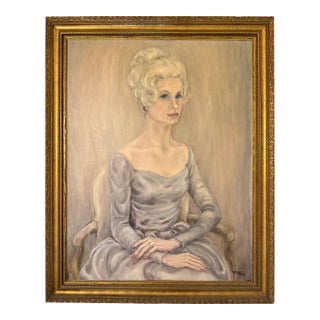 Large Midcentury Oil on Canvas Woman Portrait For Sale