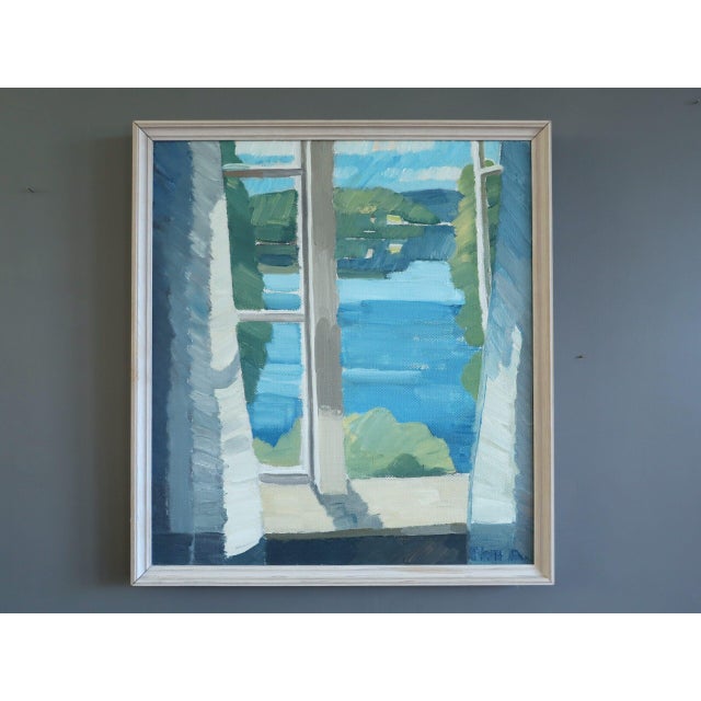VIEWS ACROSS THE LAKE Size: 21.1 x 19.1 inches (including frame) Oil on canvas A serene and contemplative modernist style...