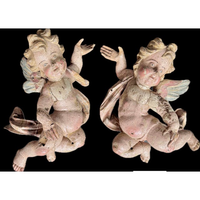 German Baroque Painted Wood Angel Sculptures, a Pair For Sale - Image 9 of 12
