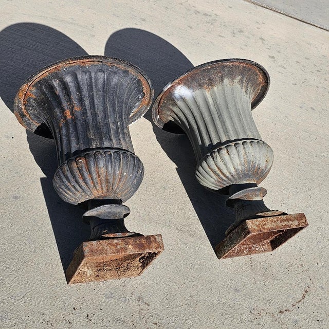 1960s Antique Classical Cast Iron Garden Urn Planters a-Pair For Sale - Image 5 of 18