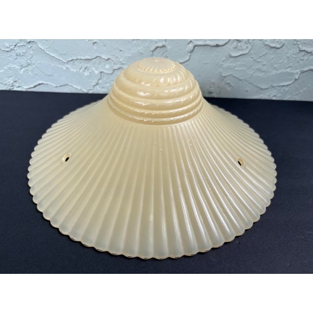 Glass Vintage Art Deco Ivory Opalescent Ribbed Glass Pendant Light Shades, Three-Chain Ceiling Fixture Shades - a Pair For Sale - Image 7 of 12
