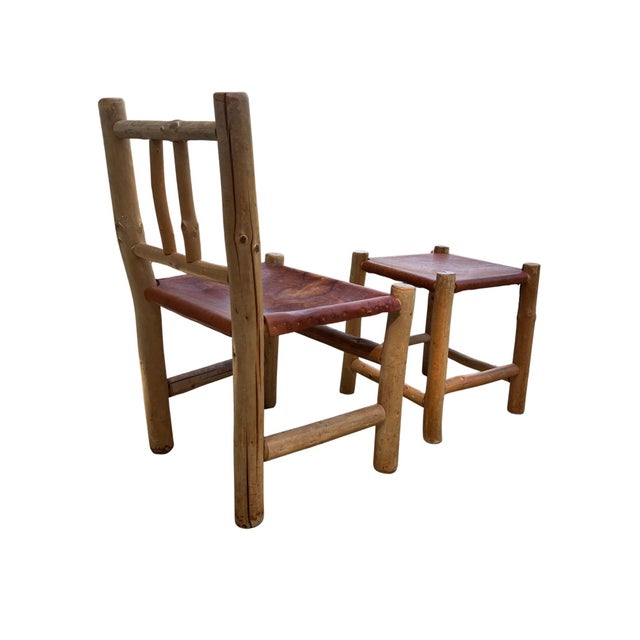 Rustic Vintage Rustic Log Chair & Stool Set For Sale - Image 3 of 17