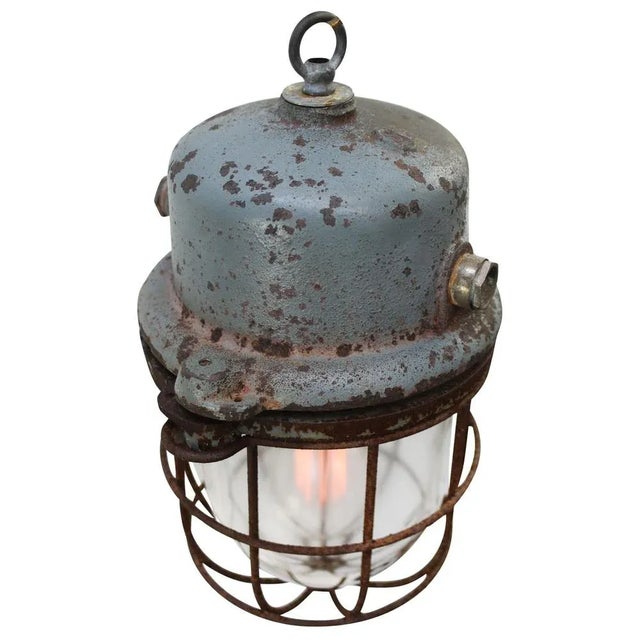 Vintage Industrial Grey Metal & Clear Glass Pendant Light For Sale - Image 4 of 7