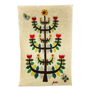 1973 Midcentury Artist Signed "Juditt" Crewel Embroidery Needle Work Textile Wall Art