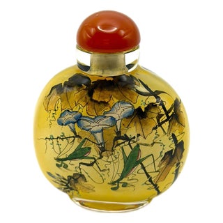 Beautifully Painted Inside Painted Snuff Bottle With Praying Mantis and Grasshoppers For Sale
