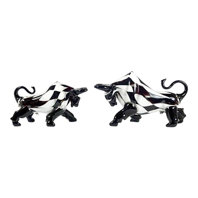 Vintage Postmodern Style Murano Glass Bulls with Checkered Pattern, Set of 2 For Sale