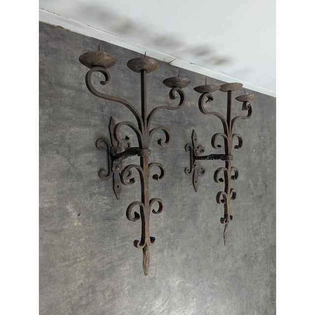 Three-Light Wrought Iron Wall Sconces, Set of 2 For Sale - Image 3 of 9