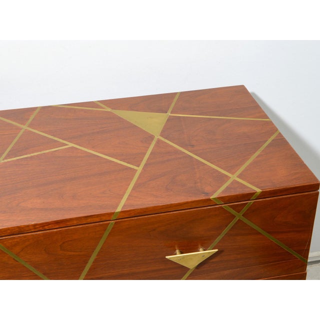 2010s Unusual Brass- Inlaid Mahogany Chest With Geometric Pattern and Bronze Pulls For Sale - Image 5 of 7