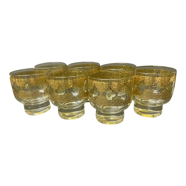 Mid-Century Modern Culver Ltd. 22k Gold Valencia Footed Barware - Set of 7 For Sale