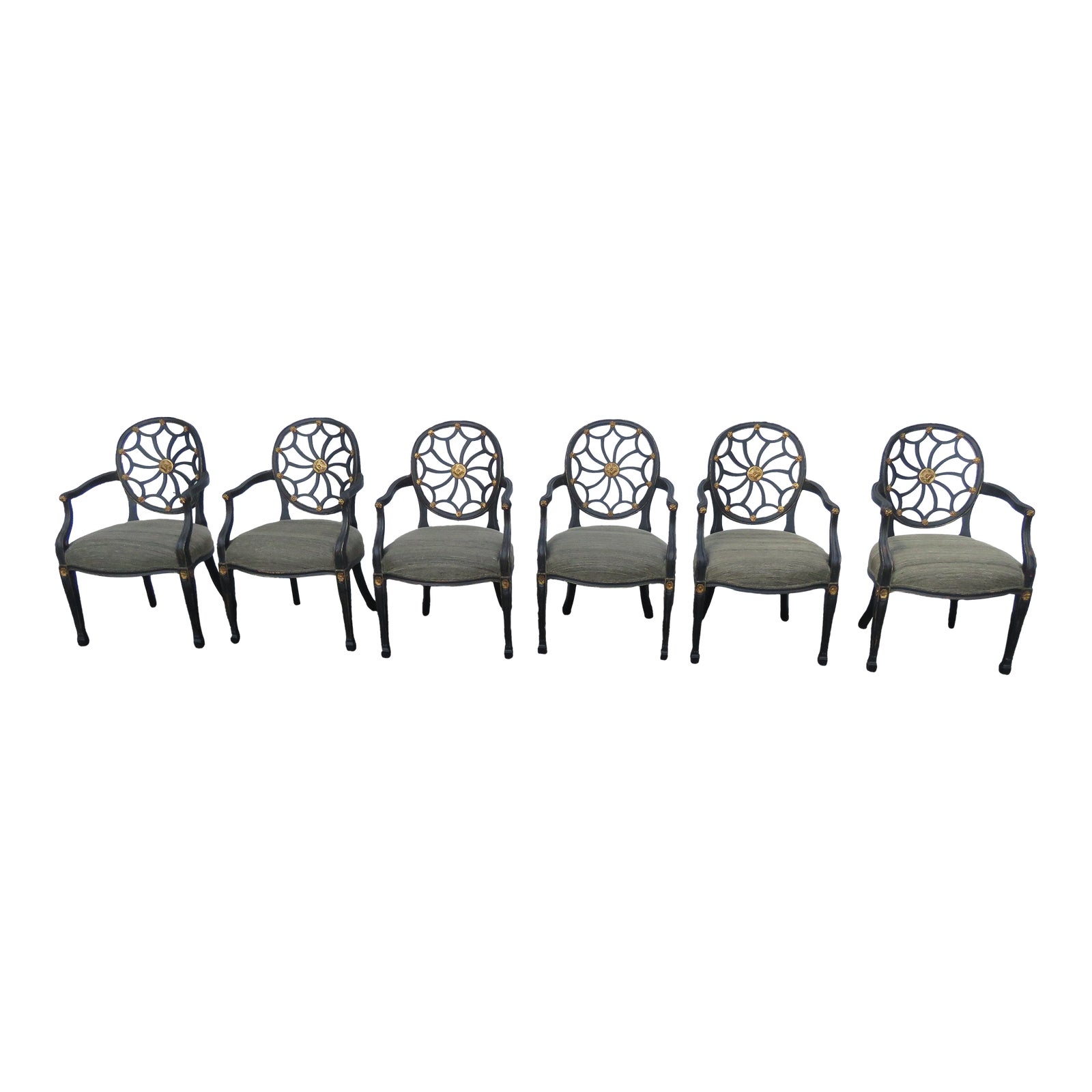 Hollywood Regency Distressed Painted Black Dining Chairs Set of Six
