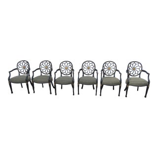 Hollywood Regency Distressed Painted Black Dining Chairs Set of Six For Sale