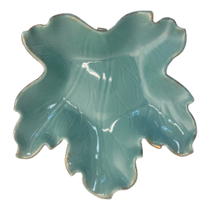 Vintage Leaf-Shaped Ceramic Dish in Aqua Glaze With Gold Splatter Trim – Midcentury Modern Style