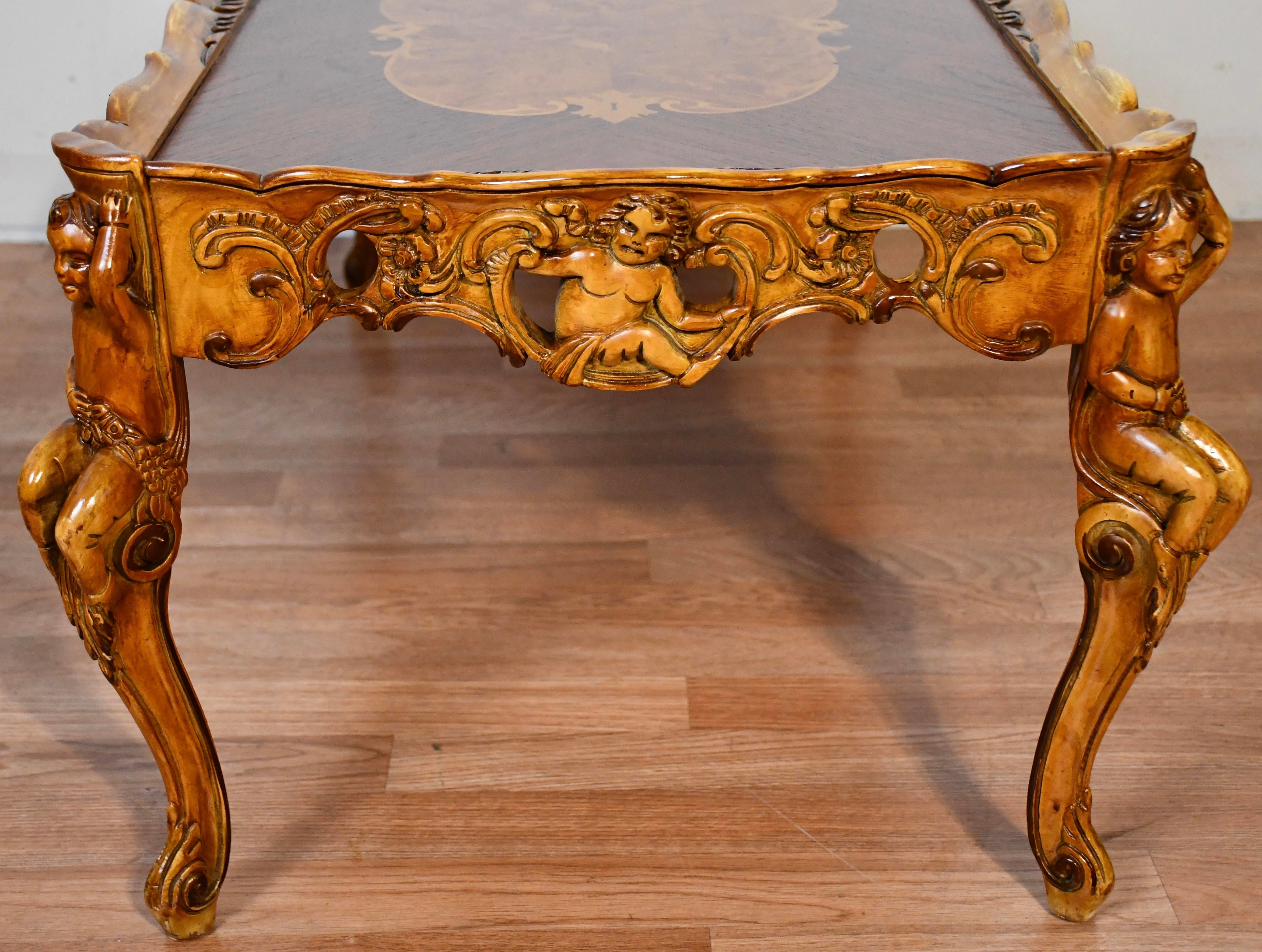 1930 French Walnut & Satinwood Inlay Carved Cherubs Hand Painted