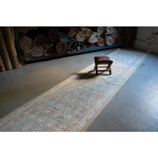 1960s Vintage Paisley Allover Soft Blue Long Wool Hand-Knotted Runner - 3’3” X 16’2” For Sale - Image 5 of 9