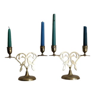 Stylized Brass Peacock Bird Candelabras Candle Holders For Sale