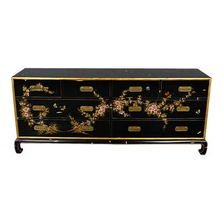 Vintage Union National Chinoiserie Chow Leg Ming Style Dresser Black With Floral Design & Distressed Finish For Sale