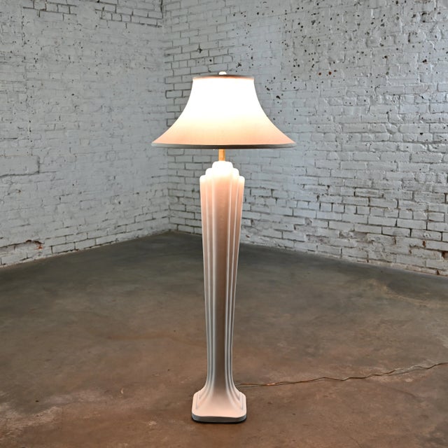 Metal 1980’s Art Deco Revival to Postmodern Paolo Gucci Floor Lamp White Sculpted Resin & Original Bell Shade For Sale - Image 7 of 12