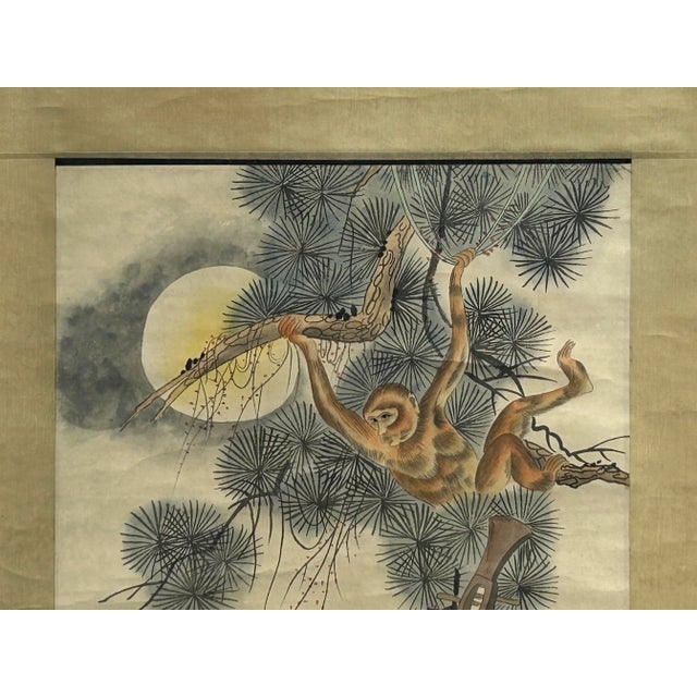 Asian Oriental Scholar Monkeys Ink Brush Color Scroll Painting Wall Art For Sale - Image 3 of 11