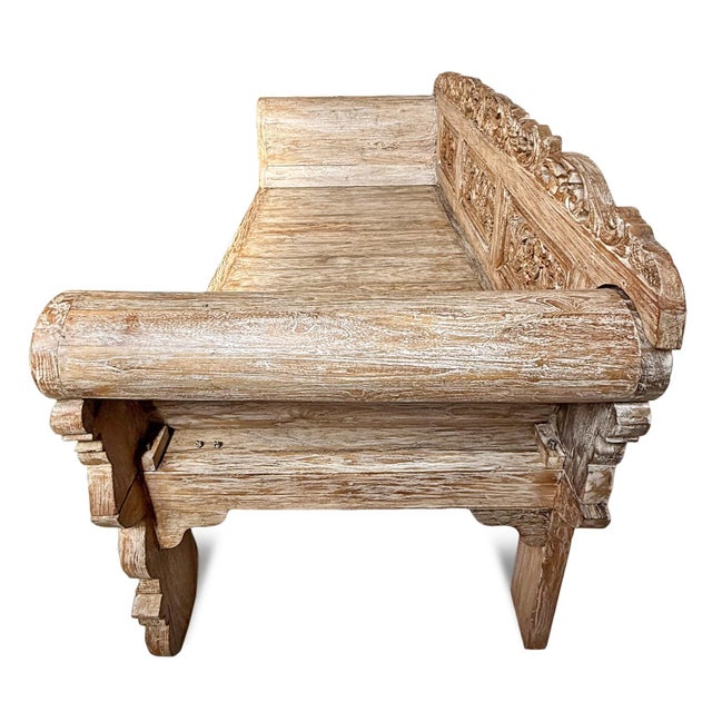 Early 21st Century Vintage Washed Teak Sleigh Arm Outdoor / Indoor Bench For Sale - Image 5 of 7