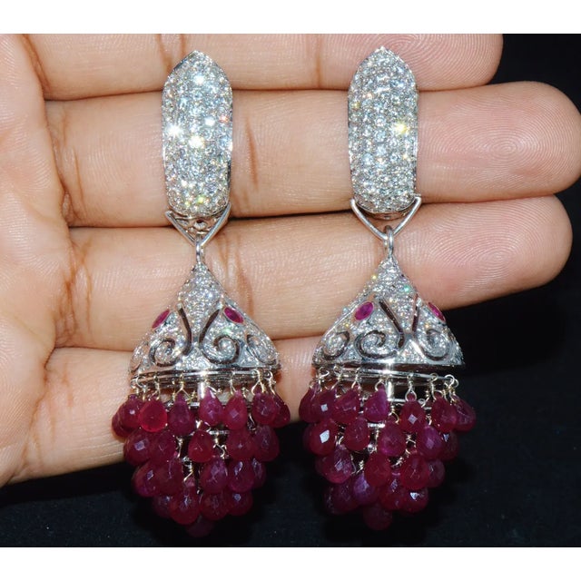 Gemstone A Pair of Diamond Ruby 18K Solid Gold 3-IN-1 Chandelier Dangle Cluster Earrings For Sale - Image 7 of 10