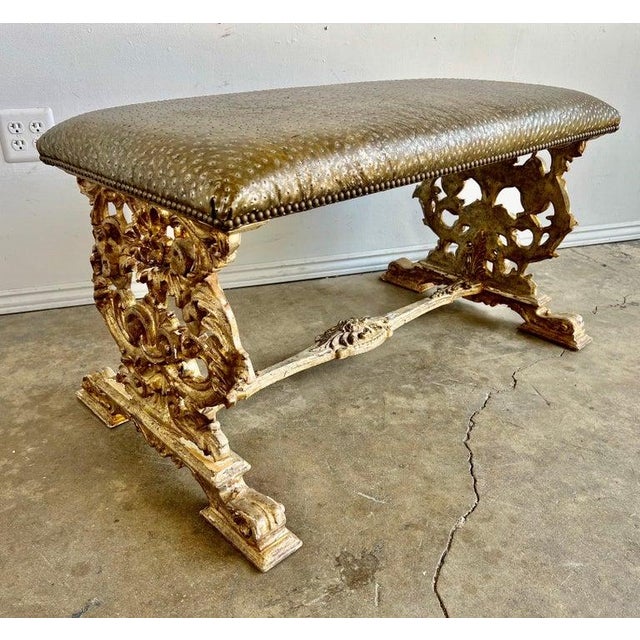 Wood Italian Carved Giltwood Bench W/ Embossed Leather For Sale - Image 7 of 17