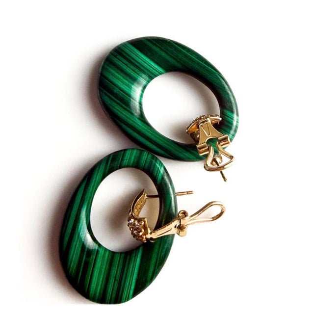 14k Yellow Gold Door Knocker Drop Earrings With Carved Malachite and Diamonds, A Pair For Sale In New York - Image 6 of 7
