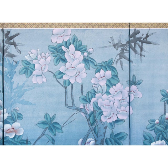 Cornflower Blue 1970s Chinese Painted Silk Screen "Magnolia and Blue Jay" For Sale - Image 8 of 18