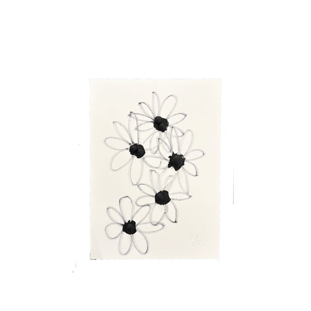 Original abstract floral ink drawing in black and white on paper. Organic daisy-inspired forms with expressive linework...