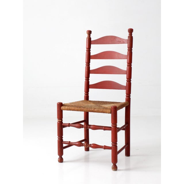 Wood Vintage Red Ladder Back Rush Seat Chair For Sale - Image 7 of 17