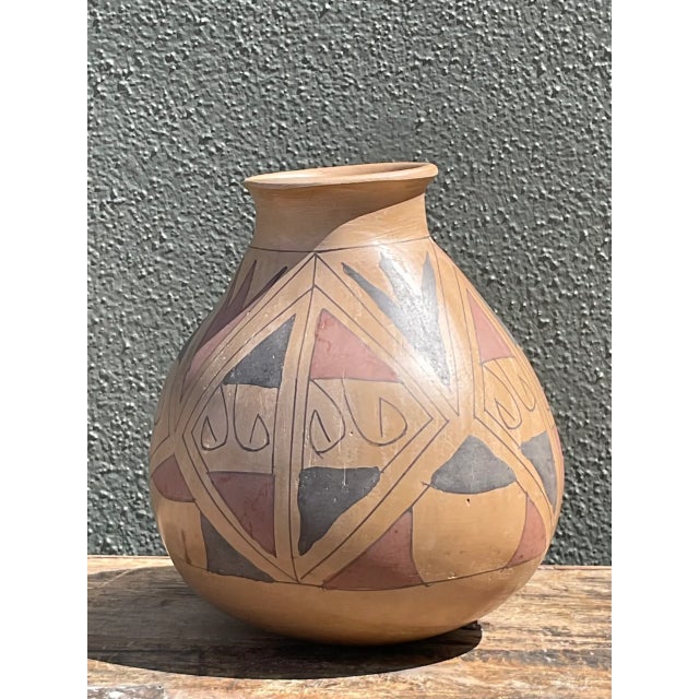 Camel Vintage Hand-Painted Geometric Pottery Vase For Sale - Image 8 of 12