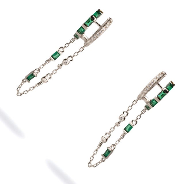 Contemporary Emerald Stone Design Sterling Silver & Diamond Dangle Earrings, A Pair For Sale - Image 3 of 6
