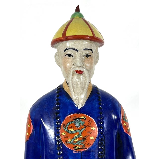 Wood Large Vintage Chinese Republic Period Crackle Glazed Figure of a Qing Scholar of Calligraphy on Wood Stand For Sale - Image 7 of 13