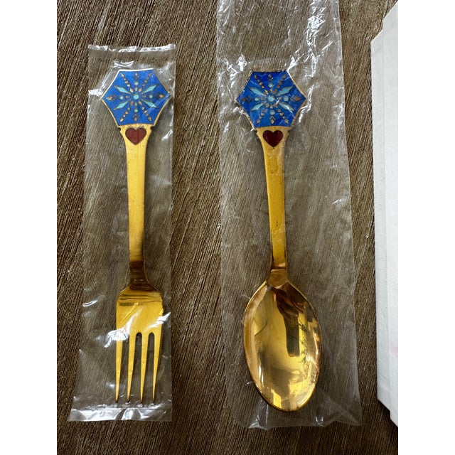 1970s 976 A. Michelsen Gilt Sterling Silver and Guilloché Enamel Christmas Spoon & Fork by Gudmund Olsen - Set of 2 For Sale - Image 9 of 9