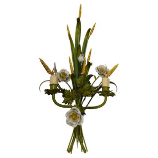 Italian Toleware White Poppy and Wheat Green Floral Bouquet Two-Light Sconce, 1960s For Sale