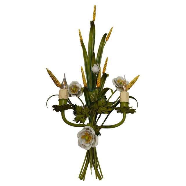 Italian Toleware White Poppy and Wheat Green Floral Bouquet Two-Light Sconce, 1960s For Sale