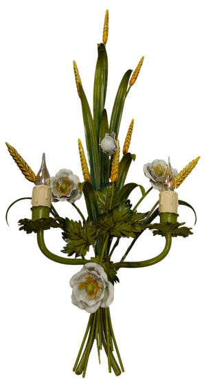 Italian Toleware White Poppy and Wheat Green Floral Bouquet Two-Light Sconce, 1960s