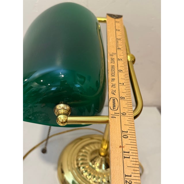 Metal Vintage Bankers Desk Lamp Green Glass Shade Brass Stand Pull Cord Library Piano For Sale - Image 7 of 12