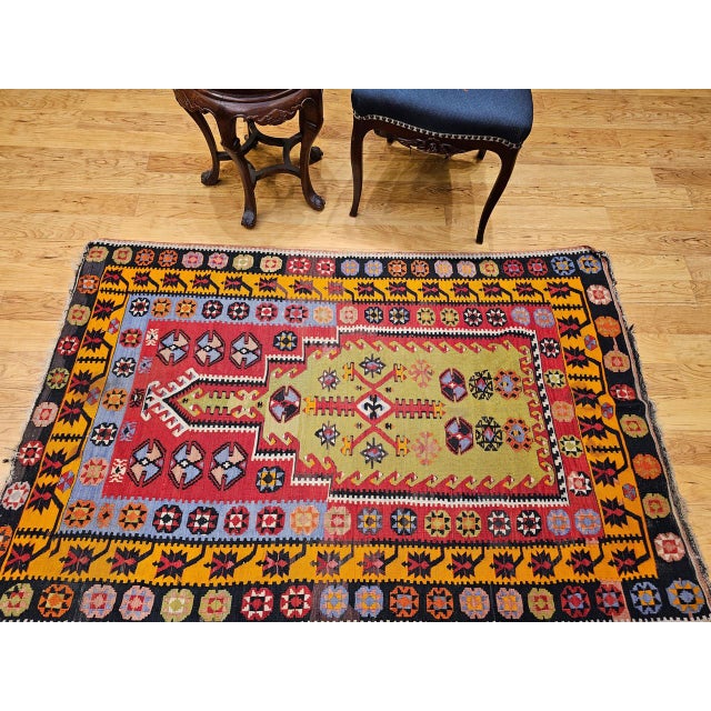 Early 20th Century Vintage Turkish Kilim Rug, Flat-Woven Prayer Pattern, Yellow & Green, 4x6 For Sale - Image 5 of 16