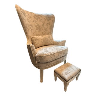 Tall Embroidered Wingback With Footstool For Sale