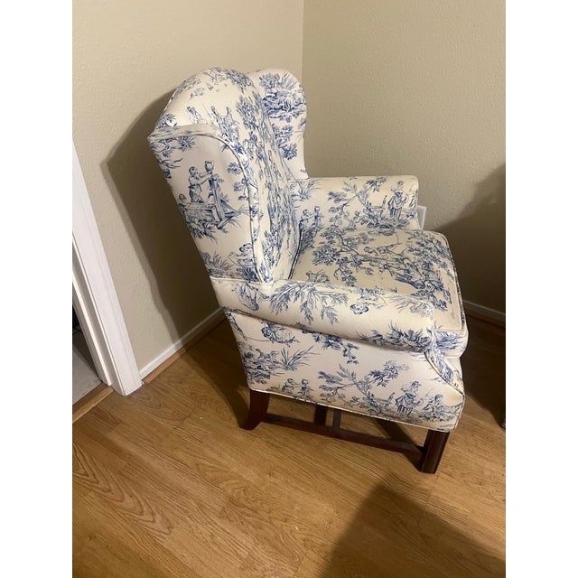 Sky Blue 1980s Traditional Blue & White Toile Wingback Accent Chair For Sale - Image 8 of 12
