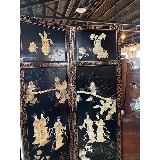 WWII Era Oriental Black Lacquer With Mother of Pearl Screen Divider