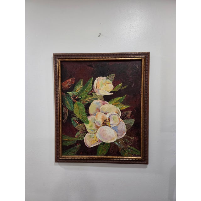 Burgundy Framed Impressionist Floral Magnolia Still Life Oil Painting Wall Art, Burgundy For Sale - Image 8 of 8