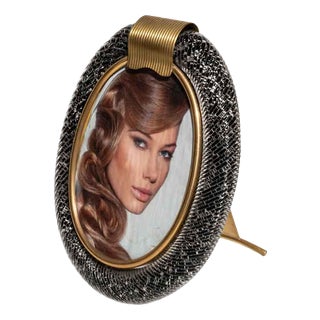 Oval Black Murano Glass Picture Frame with Brass Decor, 1970s For Sale