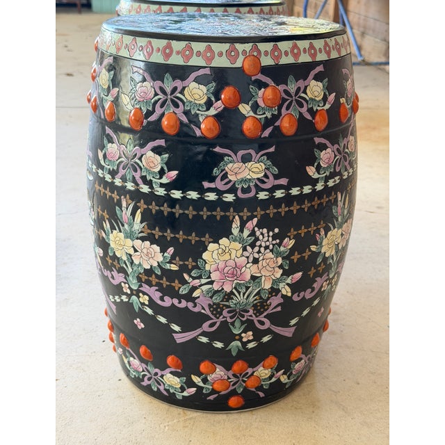 Black Late 20th Century Chinese Export Black Ground Famille Rose Porcelain Garden Stools For Sale - Image 8 of 12