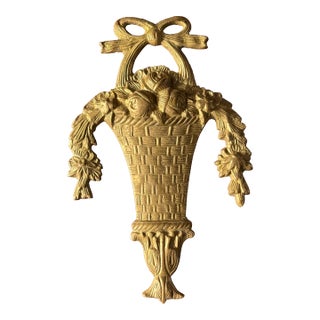 Vintage French-Style Cast Brass Basket Wall Plaque – Bow & Floral Swag Decorative Accent For Sale