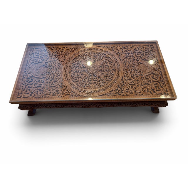 Boho Chic Vintage Hand-Carved Teakwood Coffee Table With Custom Glass Top For Sale - Image 3 of 8